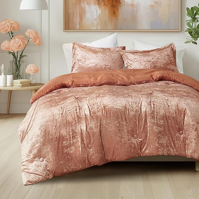 Comfort Spaces Luxe Queen Comforter Set Velvet Comforters for Queen Size Bed, Microfiber Reverse, Juliette, All Season Velvet Bedding Queen Size, Fluffy Bed Set, Sham, Full/Queen, Burnt Orange 3 Piece