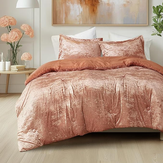 Comfort Spaces Luxe Velvet Comforter Set - King Size, Microfiber Reverse, Juliette, All Season, Fluffy Bed Set, Sham, Burnt Orange 3 Piece