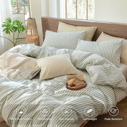 MooMee Striped Duvet Cover Set 100% Washed Cotton Linen Like Textured Breathable Durable Soft Comfy (Sage Green White Classic Stripes, Queen 90"x90")