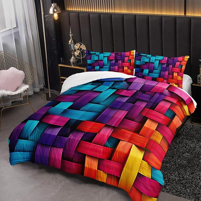 Colorful Checkered Comforter Set Queen 3D Grid Bedding Sets 3PCS for Kids Teen Adult Room Decor Ultra-Soft Lightweight Microfiber 1 Comforter with 2 Pillowcases