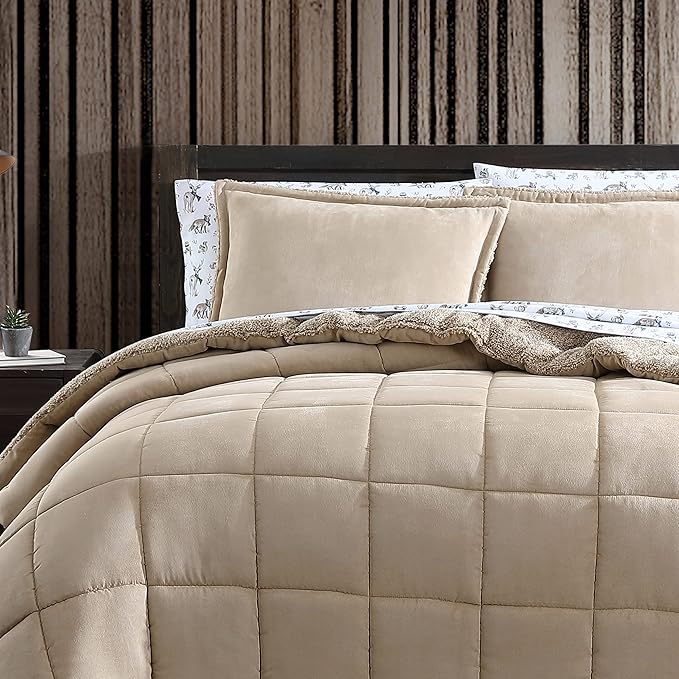 Eddie Bauer - Queen Comforter Set, Microsuede Bedding with Soft Sherpa Reverse, 3 Piece Bed Set with Matching Pillowcases (Sherwood Brown)