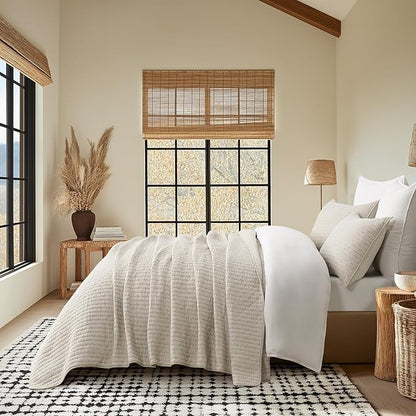EVERGRACE Cross Stitch Pre-Washed Cotton Quilt Bedding Set Queen Size, Oversized 3 Pieces Lightweight Bedspread Coverlet for All Season, with 2 Matching Shams, Flax Beige, 92"x96"