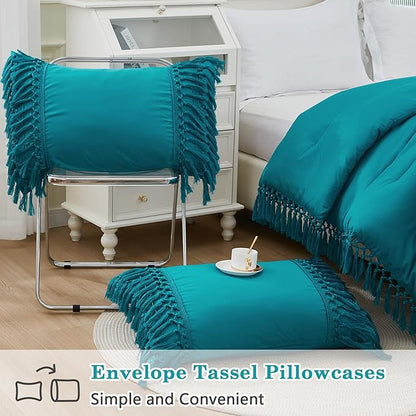 Andency Turquoise Comforter Set Queen, 3 Pieces Boho Tassel Lightweight Soft Bedding Comforter Sets, All Season Fluffy Fringe Bed Set (90x90In Comforter & 2 Pillowcases)