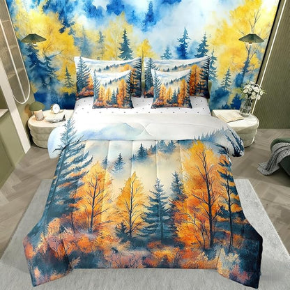Erosebridal Pine Tree Forest Bed in A Bag Queen 7 Piece Mountain Mist Landscape Bedding Set Blue Gold Rustic Aesthetic Comforter Set with Sheets Watercolor Oil Painting Style Bed Set