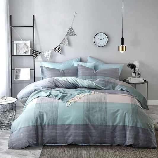 mixinni Simple Patchwork Print Comforter Set Twin XL Size Bed Fluffy Blue Mint Green Geometric Pattern Comforter for Boys Women and Men, 1 Modern Comforter and 2 Pillowcases for All Season