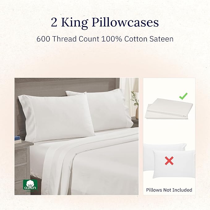California Design Den Luxuriously Soft 100% Cotton Pillowcases King Size Set of 2-600 Thread Count Sateen Pillow Cover Pair, Fits King Pillows - True Ivory