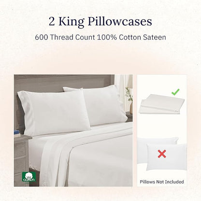 California Design Den Luxuriously Soft 100% Cotton Pillowcases King Size Set of 2-600 Thread Count Sateen Pillow Cover Pair, Fits King Pillows - True Ivory