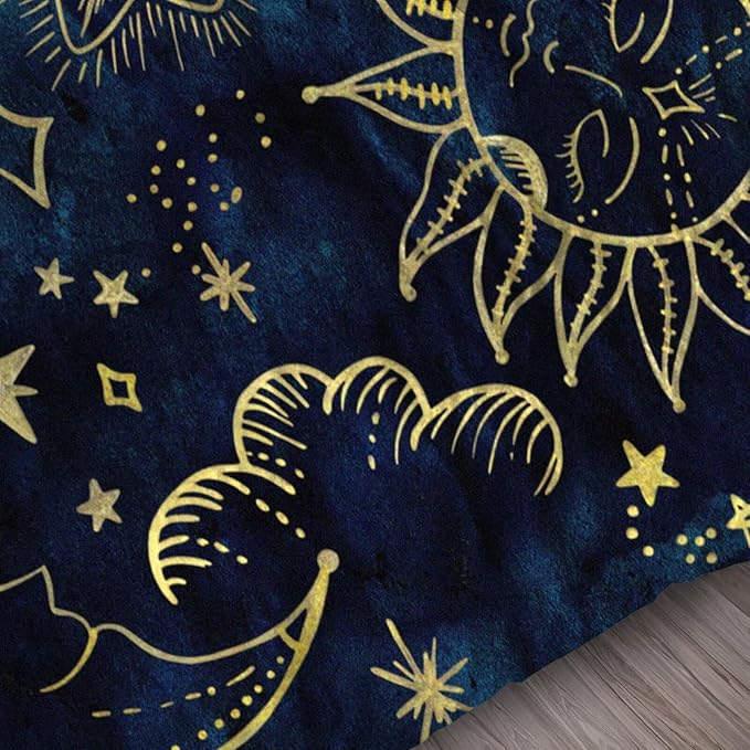 Celestial Comforter Set Queen Size Blue Gold Sun and Moon Boho Bedding for Kids Adult Women Teens Universe Galaxy Bohemian Exotic Gothic Quilt 1 Comforter + 2 Pillow Cases