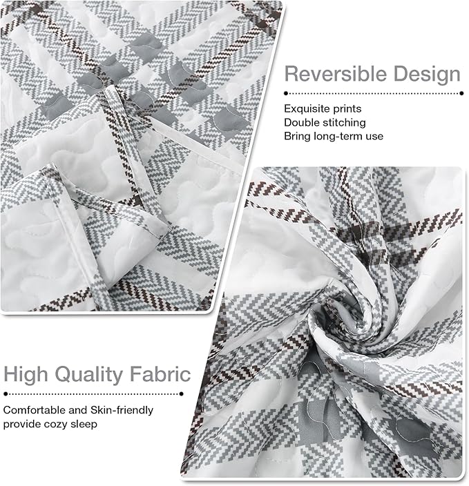 Plaid Quilt Set King Size - Ultra Soft Gingham Quilts Bedding Set with 2 Pillow Shams, Lightweight Reversible Striped Quilted Bedspread Coverlet 3 Pieces for Summer, 104"×90", Grey White