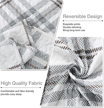 Plaid Quilt Set King Size - Ultra Soft Gingham Quilts Bedding Set with 2 Pillow Shams, Lightweight Reversible Striped Quilted Bedspread Coverlet 3 Pieces for Summer, 104"×90", Grey White