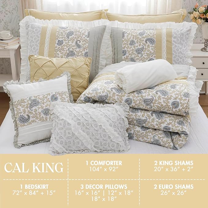 Madison Park Dawn 100% Cotton Shabby Chic Comforter Set-Modern Cottage Design All Season Down Alternative Bedding, Matching Shams, Bedskirt, Decorative Pillows, Cal King(104"x92"), Yellow 9 Piece