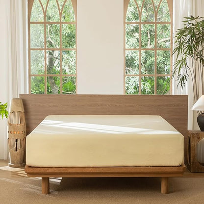 MooMee Fitted Bottom Sheet Only 100% Washed Cotton Linen Like Textured Breathable Durable Soft Comfy Deep Pocket Fits Mattress up to 17" (Heathered Butter Yellow, Twin)