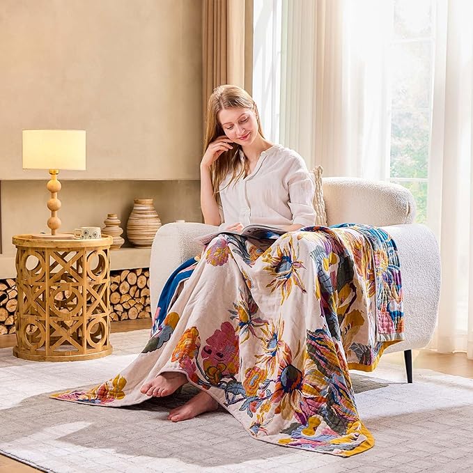 Boho Throw Blanket, 100% Cotton Ultra Soft Luxury Throw Rustic Quilt, 80"x90" Floral Bird Butterfly Farmhouse Decor Bed Blankets, All Season Rustic Reversible Bohemian Throw for Bed - Yellow