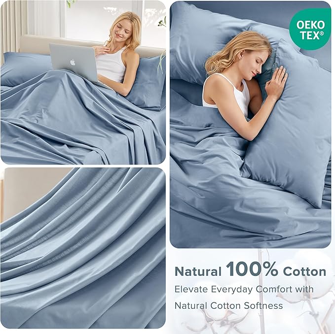 Comfort Spaces 100% Cotton Sheet Set Breathable, Lightweight, Soft with 12" Elastic Pocket Fits up to 14" Mattress, All Season Cozy Bedding, Matching Pillow Case, Twin Blue 3 Piece