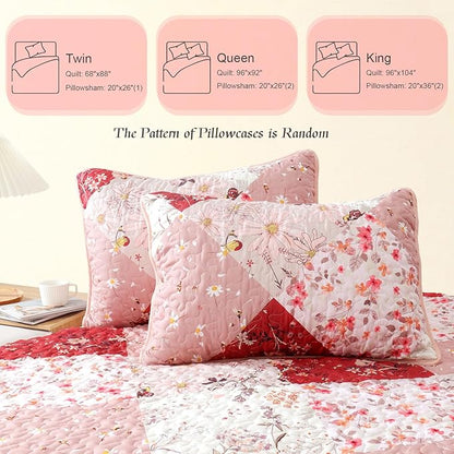 Whale Flotilla Patchwork Quilt Twin Size, Extra Soft Boho Floral Bedspreads for Bed Reversible Lightweight Twin Quilt Bedding Set Printed Coverlets with 1 Pillow Sham for All Seasons, Red