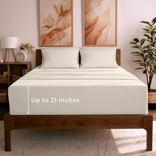 Mellanni King Sheet Set - 6-Piece Iconic Collection Bedding, (Including 4 Pillowcases), 21-Inch Extra Deep Pocket, Easy Care, Ultra Soft, Cooling Sheets, Brushed Microfiber - Golden Ivory