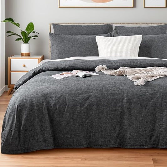 NEXHOME PRO Duvet Cover Full 100% Washed Cotton, Organic Natural Linen Like Textured Breathable Durable Bedding Set Heather Black 8090