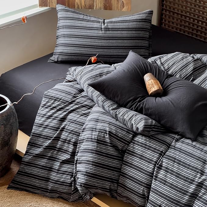 EAVD Retro Black Striped Duvet Cover Full Soft 100% Washed Cotton Reversible Striped Pattern Bedding Set with 2 Pillowcases Farmhouse Geometric Duvet Cover with Zipper Closure