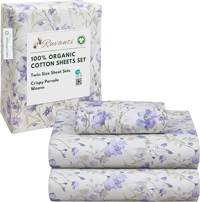RUVANTI 100% Organic Cotton Sheets Twin Size, Percale Weave, GOTS Certified, 3-Piece Set, Deep Pocket 15", Crisp & Breathable, Soft Durable Bedding, Sábanas Algodón Orgánico – Heather