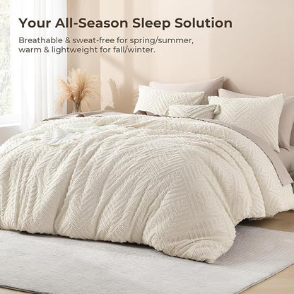 Litanika Beige Super King Size Comforter Set, 3 Pieces Cream Tufted Boho Farmhouse Bedding Comforter Sets, Lightweight Fluffy Comforter Bed Set for All Season (120x120In Comforter and 2 Pillowcases)