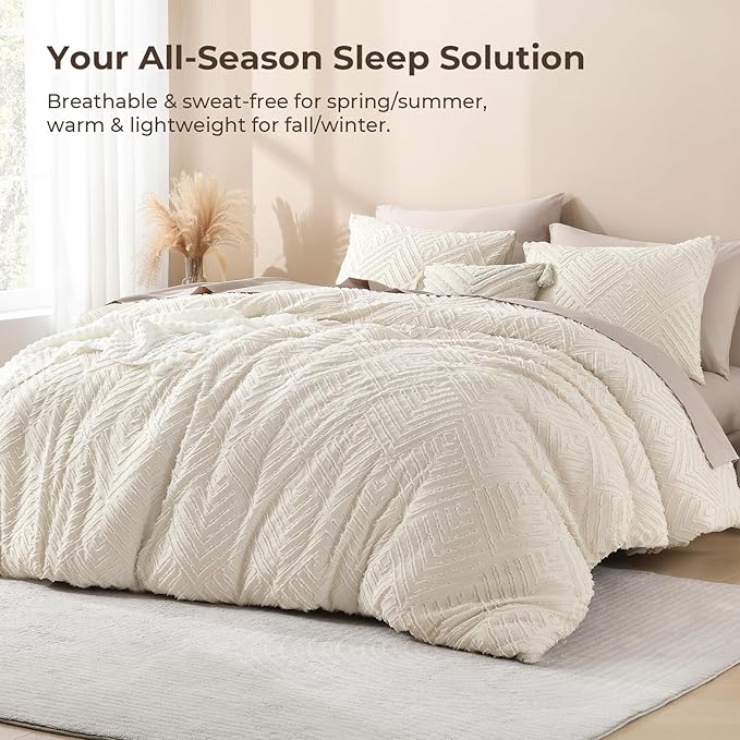 Litanika Beige Super King Plus Comforter, 3 Pieces Cream Tufted Boho Farmhouse Bedding Comforter Sets, Lightweight Fluffy Bed Set for All Season (128x120In Comforter and 2 Pillowcases)