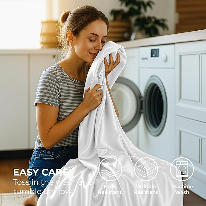 Satin Sheets California King [4-Piece, White] Luxury Silky Bed Sheets - Extra Soft 1800 Microfiber Sheet Set, Wrinkle, Fade, Stain Resistant - Deep Pocket Fitted Sheet, Flat Sheet, Pillow Cases