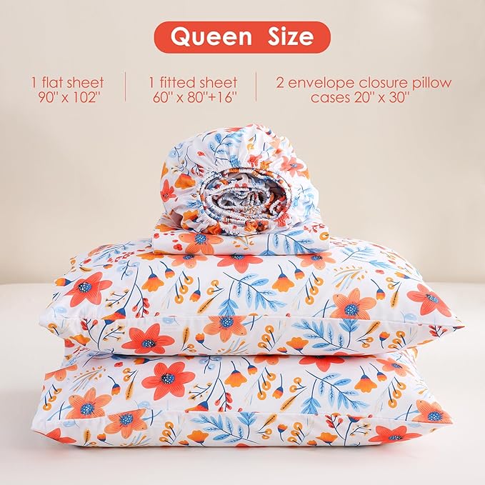 JSD Floral Printed Sheet Set Queen Size, 4 Piece Flower Pattern Microfiber Bed Sheets Deep Pocket