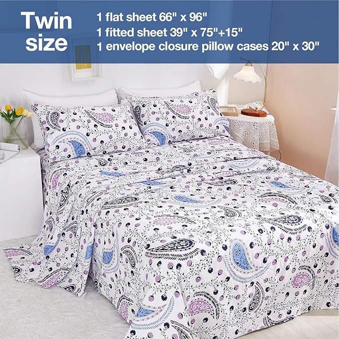 JSD Paisley Floral Printed Sheet Set Twin Size, 3 Piece Soft Pattern Microfiber Sheets Extra Deep Pocket