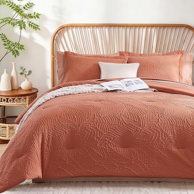 Geniospin King Size Comforter Set - 7 Pieces Burnt Orange Bedding Set, Botanical Textured Comforter Set, All Season Lightweight Bed in a Bag with Comforter, Sheets, Pillowcases & Shams