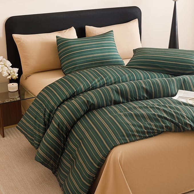 CLOTHKNOW Striped Queen Comforter Set Green Bedding Comforter Sets Farmhouse Ticking Comforter Queen Hunter Green Comforter Soft Boho