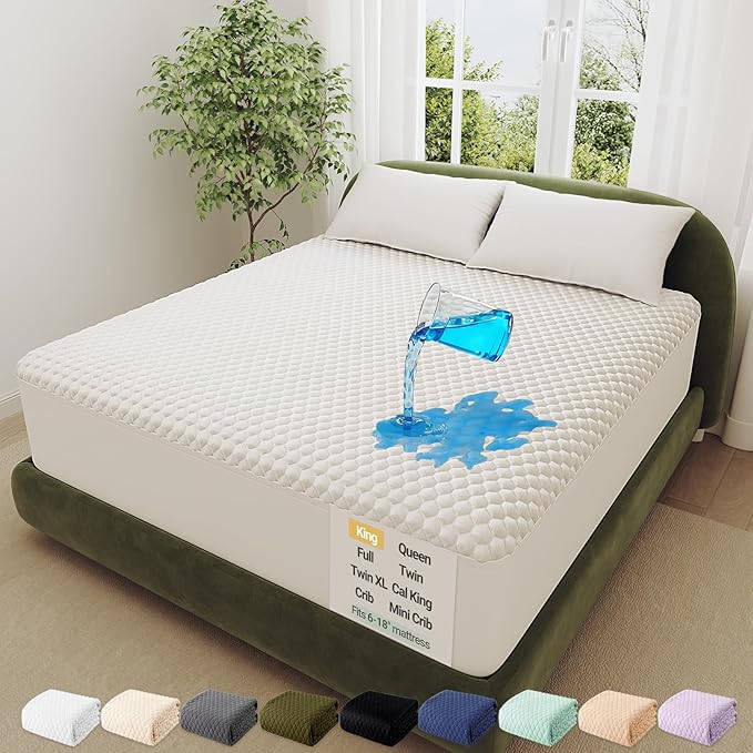 OhGeni 100% Waterproof Mattress Protector, King Size Mattress Pad, Fits 6"-20" Mattresses with Deep Pocket, Cooling, Breathable Fitted Sheets, Soft Bed Cover, Noiseless, Machine Washable