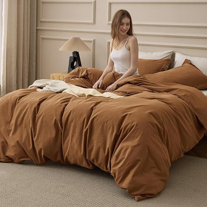 Bedsure 100% Washed Cotton Duvet Cover Queen Size - Hazelnut Brown Minimalist Bedding Set Linen Like - PureWoven Plain Simple & Soft Comforter Cover for All Seasons (Hazelnut Brown, Queen, 90"x90")