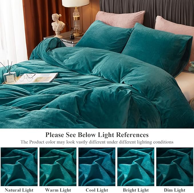 Ivellow Velvet Duvet Cover Set Queen Size 3 Pcs Peacock Blue Luxury Flannel Velour Duvet Cover Zipper Closure Corner Tie