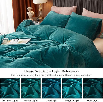 Ivellow Velvet Duvet Cover Set Queen Size 3 Pcs Peacock Blue Luxury Flannel Velour Duvet Cover Zipper Closure Corner Tie