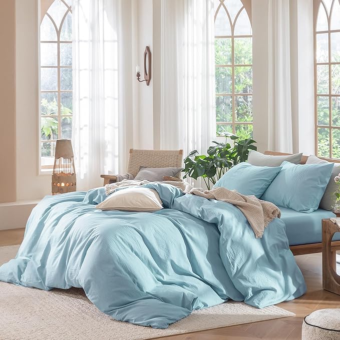 MooMee Bedding Duvet Cover Set 100% Washed Cotton Linen Like Textured Breathable Durable Soft Comfy (Heathered Light Blue, Queen 90"x90")