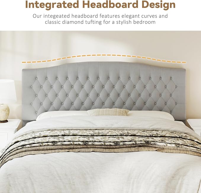 King Headboard Only, Velvet Classic Tufted Design, Silver Gray | 2 installation options: 1.bed frame mount 2.wall mount (for adjustable bed), Classic hand-tufted headboard king size
