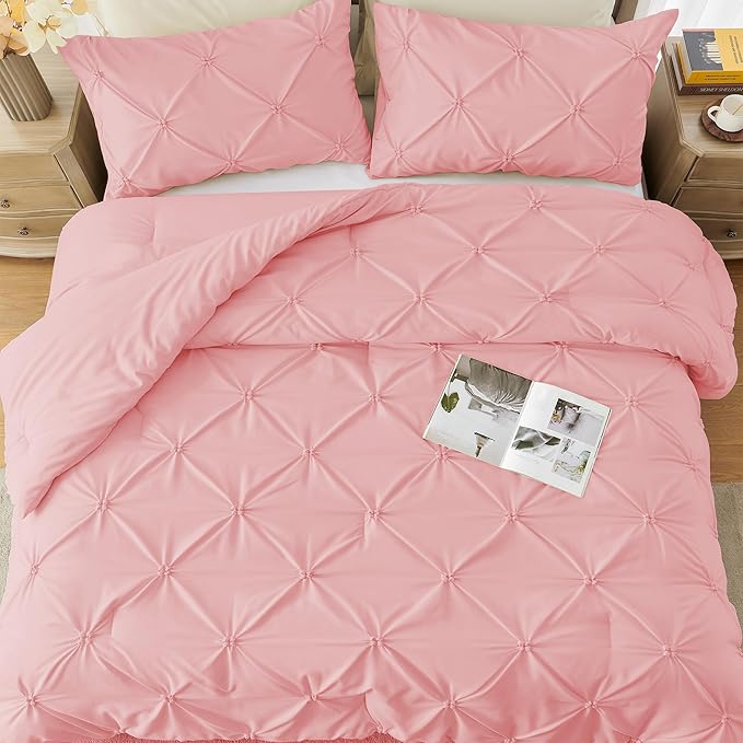 UNIKOME King Size Comforter Set Pink - Ultra Soft Boho Pintuck Down Alternative Bedding Set for All Seasons, 3 Pieces Lightweight Warm Pinch Pleat Bed Set with Comforter, 2 Pillowcases