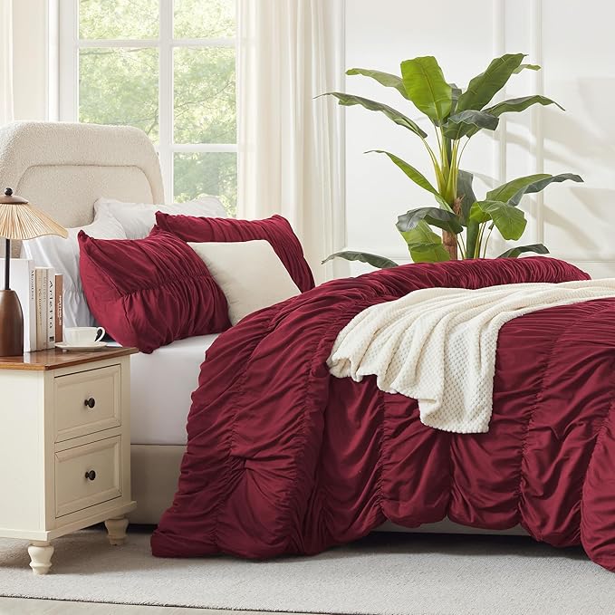 Andency Ruched Burgundy Queen Size Comforter Set, Shabby Chic Pleated Bedding Sets 3 Pieces, Lightweight Soft Boho Ruffle Bed Set for Girls, Kids, Women, All Season