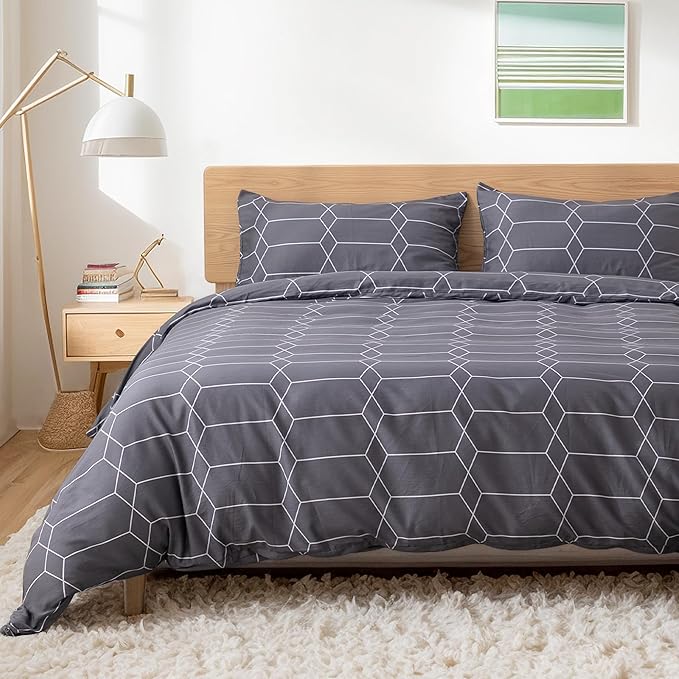 TOCOMOA Plaid Duvet Cover Set 100% Natural Cotton Soft Comfy Breathable 3 Piece Grey and White Pattern Printed Comforter Cover Bedding Set (Queen 90"x90", Comforter Not Included)