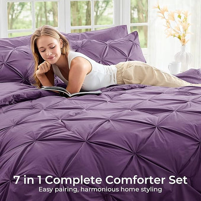 Sasttie King Size Comforter Set, 7-Piece Bed in a Bag, Pintuck Bedding Set for All Season, Includes Comforter, Flat Sheet, Fitted Sheet, Pillowcases and Pillowshams, Grape Purple