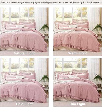Litanika Grayish Pink Full Size Comforter Sets, 3 Pieces Ruffle Farmhouse Aesthetic Bedding Comforter Sets, All Season Soft Lightweight Fluffy Microfiber Bed Set(79x90In Comforter, 2 Pillowcases)