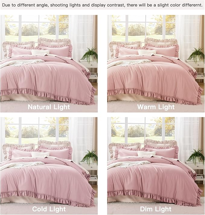 Litanika Grayish Pink Queen Comforter Set, 3 Pieces Ruffle Farmhouse Aesthetic Bedding Comforter Set, All Season Soft Lightweight Fluffy Microfiber Bed Set(90x90In Comforter, 2 Pillowcases)