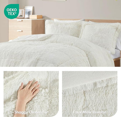 Intelligent Design Malea Shaggy Comforter Set, Long Faux Fur Cozy Down Alternative, Modern Casual Ultra Soft All Season Fluffy Bedding with Matching Sham, Twin/Twin XL, Ivory 2 Piece