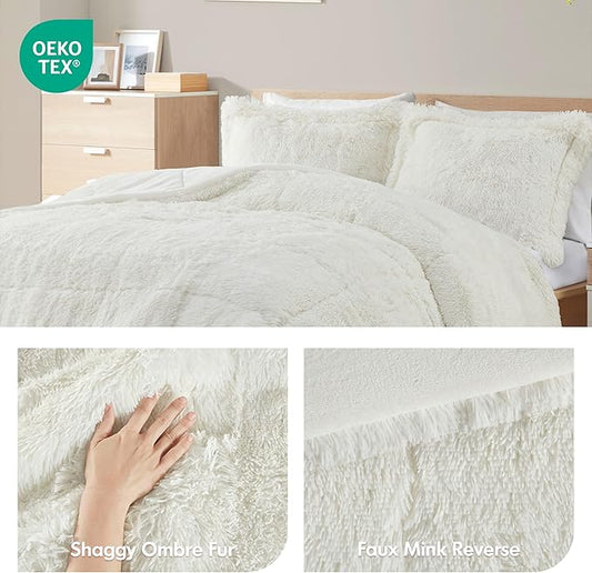 Intelligent Design Malea Shaggy Comforter Set, Long Faux Fur Cozy Down Alternative, Modern Casual Ultra Soft All Season Fluffy Bedding with Matching Sham, Full/Queen, Ivory 3 Piece