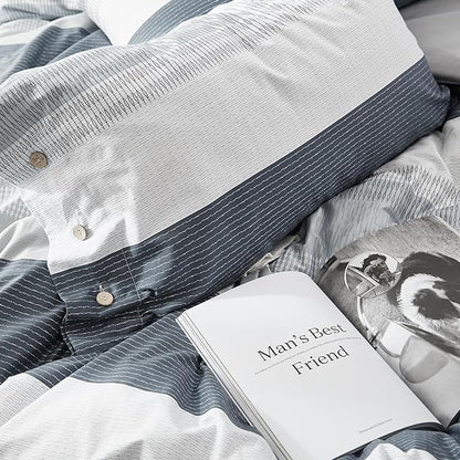 mixinni Geometric Striped Duvet Cover Set - 100% Natural Cotton, Grey & White Stripes, Twin Size, 3-Piece Bedding Set with Zipper Closure