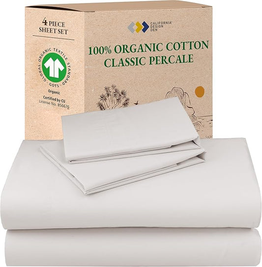 California Design Den 100% Organic Cotton Sheets Queen Size Bed Set - Crisp Percale, Deep Pocket Queen Sheet Set, Breathable and Durable Bedding - Stone (True Beige)