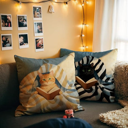 Funny Cat Reader Book Throw Pillow Cover 18 x 18 Set of 2, Gifts for Book Lovers, Reading Nook Corner Decor, Preppy Floral Black Orange Tabby Tuxedo Cats Bookish Pillowcase（01）