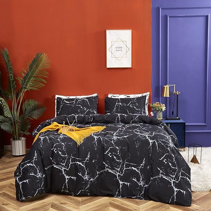 CLOTHKNOW Black White Full Size Comforter Sets Marble Bedding Comforter Sets Soft All Season Black Comforters with 2 x Pillow Cases