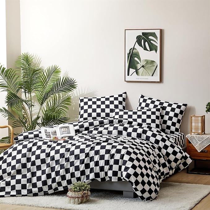 CLOTHKNOW Black White Plaid King Size Comforter Set Grid Bedding Comforter Sets Soft Checkered Comforter Black White Comforter with 2 x Pillow Cases