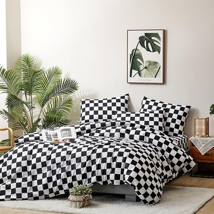 CLOTHKNOW Black White Plaid Twin Comforter Set Grid Bedding Comforter Sets Soft Checker Black and White Comforter with 2 x Pillow Cases